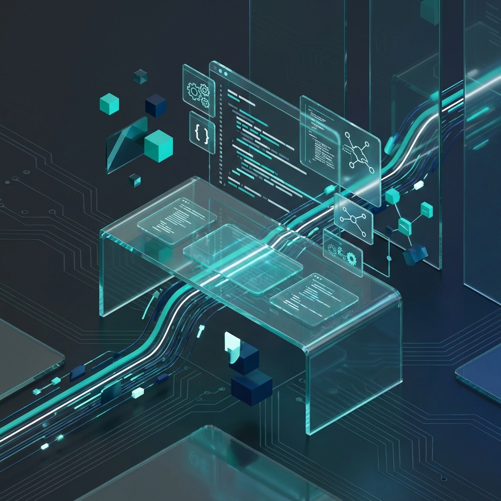Futuristic software development dashboard with glassmorphism elements